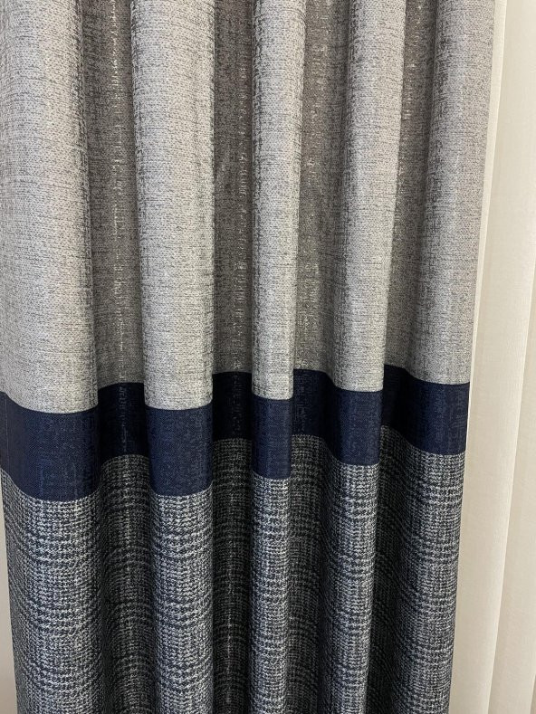 Keten Zemin Ekose Desen 1/2,50 Pile Fon Perde  Lacivert 80 x 260 - 2