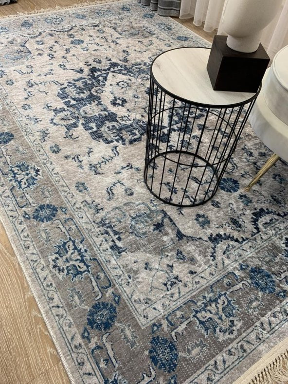 Aker Kilim Motif Lateks Kaymaz Taban Saçaklı Eskitme Halı  Lacivert 160 x 230 - 1