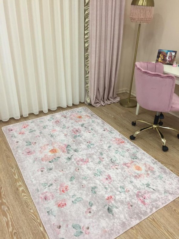 Brillant Çiçek Motif Kaymaz Taban Çocuk Halı  Pudra 100 x 160