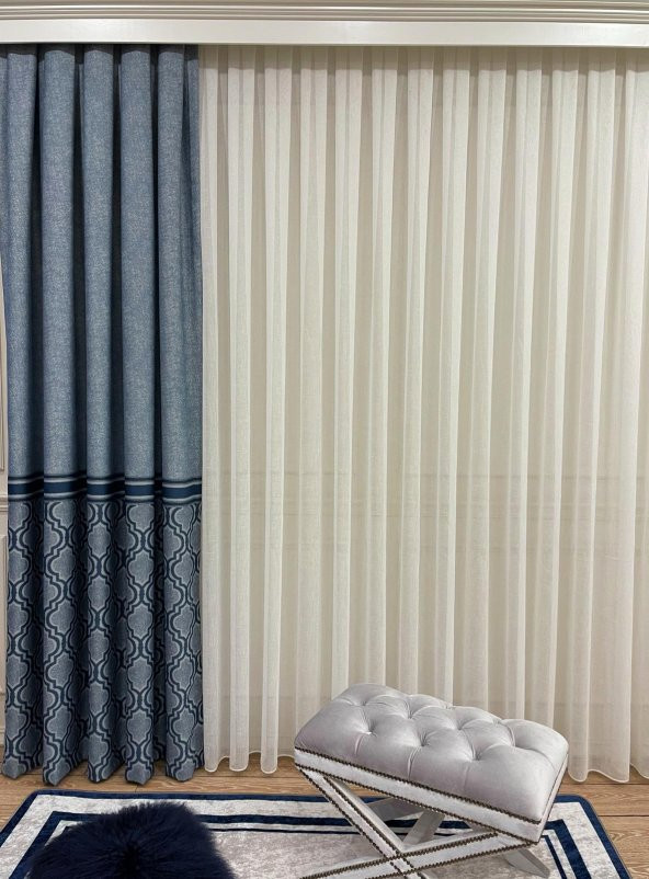 Blackout Karartma Zemin Baskılı Damask Desen 1/2,50 Pile Fon Perde  Lacivert 70 x 260 - 2