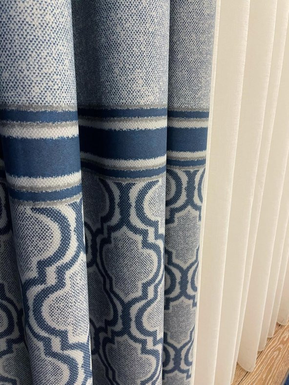 Blackout Karartma Zemin Baskılı Damask Desen 1/2,50 Pile Fon Perde  Lacivert 70 x 260 - 3