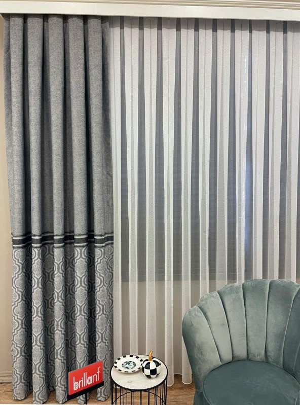 Blackout Karartma Zemin Baskılı Damask Desen 1/2,50 Pile Fon Perde  Gri 80 x 270 - 2
