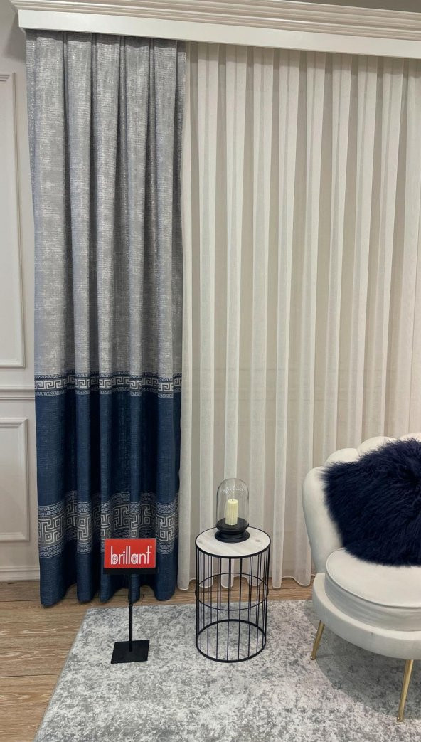 Keten Zemin Versace Desen 1/2,50 Pile Fon Perde Lacivert 70 x 270 - 2