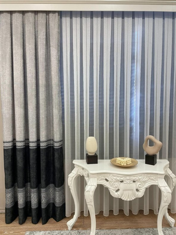 Keten Zemin Versace Desen 1/2,50 Pile Fon Perde  Siyah 90 x 270 - 2