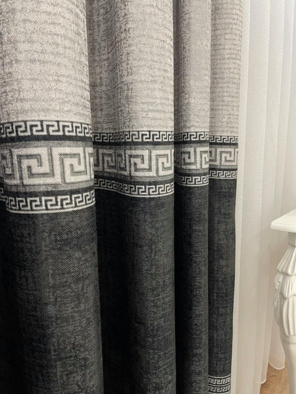 Keten Zemin Versace Desen 1/2,50 Pile Fon Perde  Siyah 90 x 270 - 3