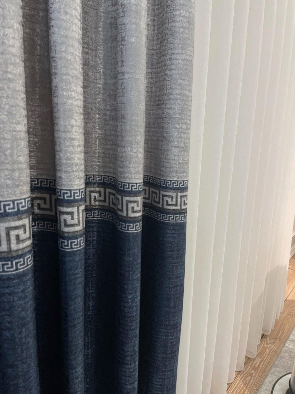 Keten Zemin Versace Desen 1/2,50 Pile Fon Perde  Lacivert 90 x 270 - 3