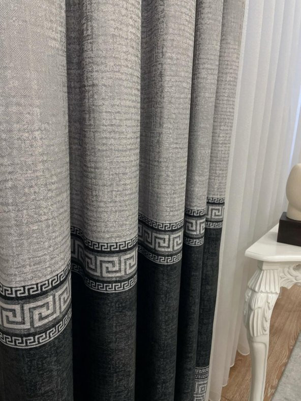 Keten Zemin Versace Desen 1/2,50 Pile Fon Perde  Siyah 90 x 270 - 4