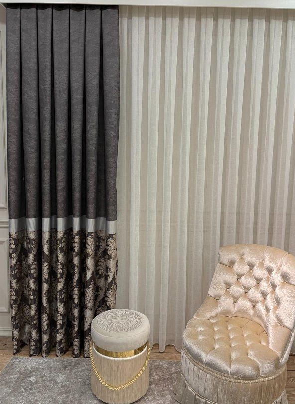 Damask Desen Jakar 1/3 Sık Pile Jakar Fon Perde  Kahverengi 90 x 260