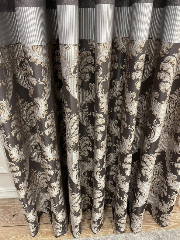 Damask Desen Jakar 1/3 Sık Pile Jakar Fon Perde  Kahverengi 100 x 280 - 2
