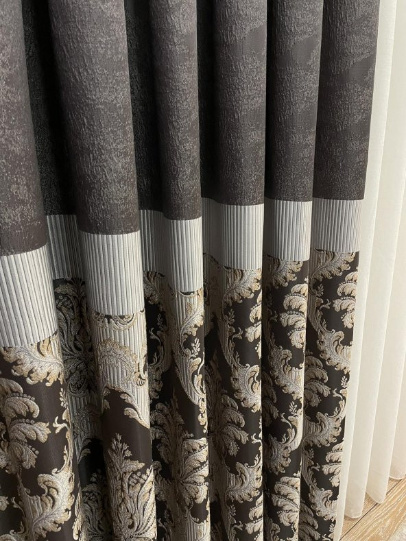 Damask Desen Jakar 1/3 Sık Pile Jakar Fon Perde  Kahverengi 100 x 280 - 3