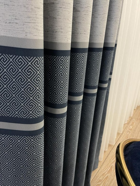 Blackout Karartma Zemin Baskılı Versace Desen 1/2,50 Pile Fon Perde  Lacivert 80 x 260 - 3