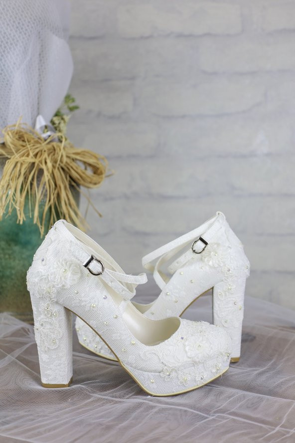 Sedef Beyaz Dantel Kumaş Topuklu Abiye Gelin Ayakkabısı - 4