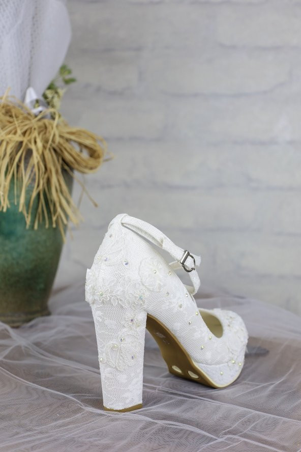 Sedef Beyaz Dantel Kumaş Topuklu Abiye Gelin Ayakkabısı - 6