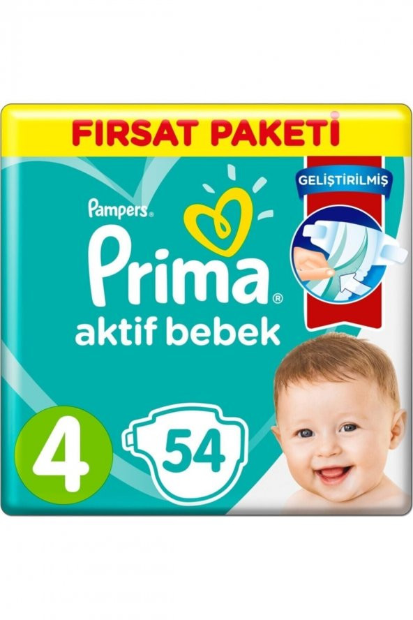 Prima Bebek Bezi 4 Beden 54 Adet Fırsat Paket Aktif Bebek 7-14 Kg