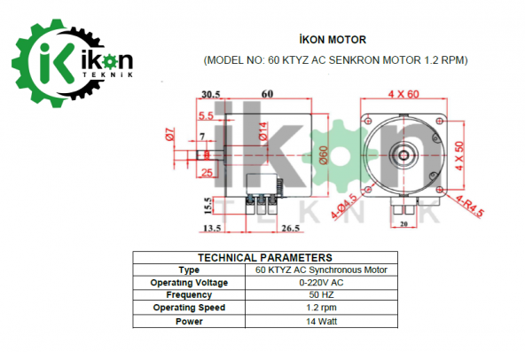 1.2 RPM 60KTYZ 14W AC Redüktörlü Senkron Motor, Çevirme Motoru - 4