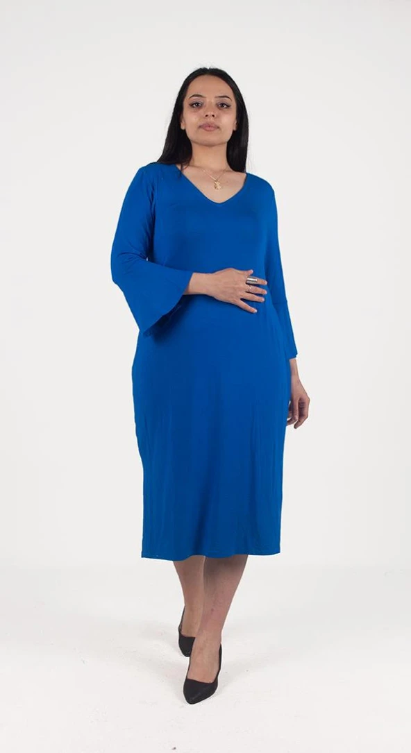 Truva Xxl Büyük Beden Kadın Giyim Kol volanlı Yan Yırtmaçlı Elbise Mavi ELB260