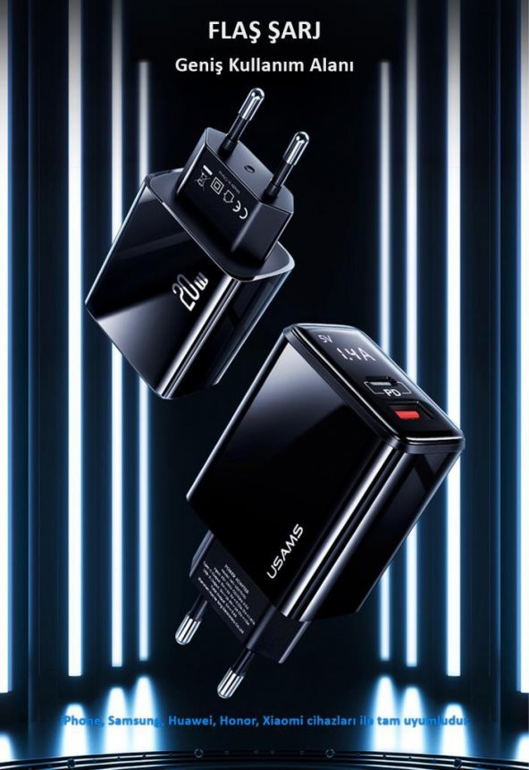 Usams US-CC133 T40 20W QC3.0+PD Type-C+USB Dijital Göstergeli Hızlı Şarj Başlığı - 4