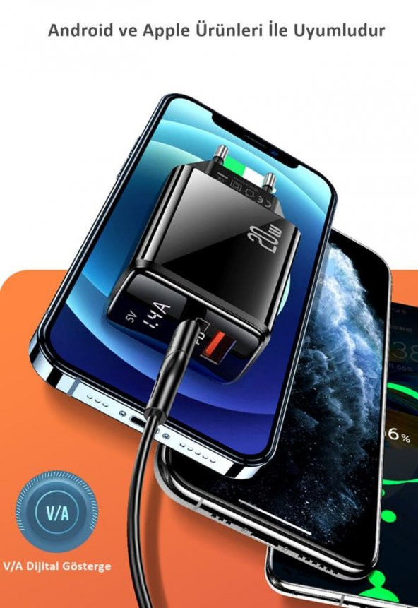 Usams US-CC133 T40 20W QC3.0+PD Type-C+USB Dijital Göstergeli Hızlı Şarj Başlığı - 8