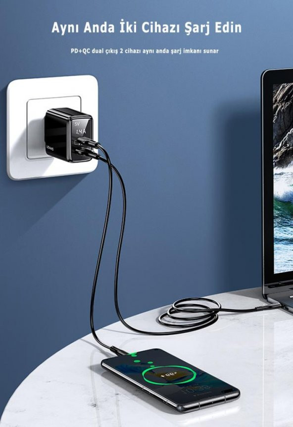 Usams US-CC133 T40 20W QC3.0+PD Type-C+USB Dijital Göstergeli Hızlı Şarj Başlığı - 9