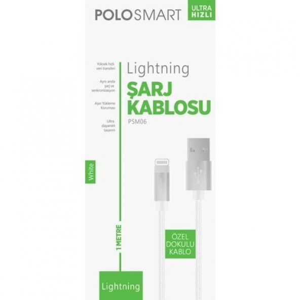 Polosmart PSM06 Apple Uyumlu Lightning Hızlı Şarj Kablosu Beyaz 1 Metre - 4