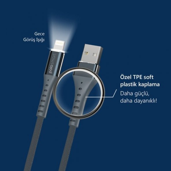 Polosmart PSM25 Apple Uyumlu Lightning Led Aydınlatmalı Şarj ve Data Kablosu 2.1A - 3