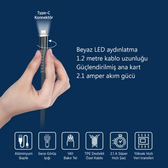Polosmart PSM25 Apple Uyumlu Lightning Led Aydınlatmalı Şarj ve Data Kablosu 2.1A - 4