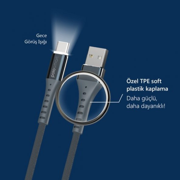 Polosmart PSM26 Type-C 2.4A Led Aydınlatmalı Hızlı Şarj ve Data Kablosu - 3
