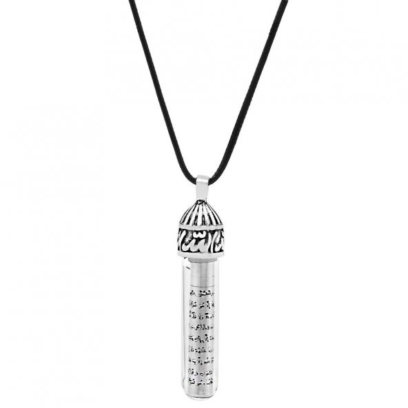 Zemzem İle Doldurulmuş Arapça "Allah" Yazılı İp Zincirli 925 Ayar Gümüş Kadın Cevşen Kolye