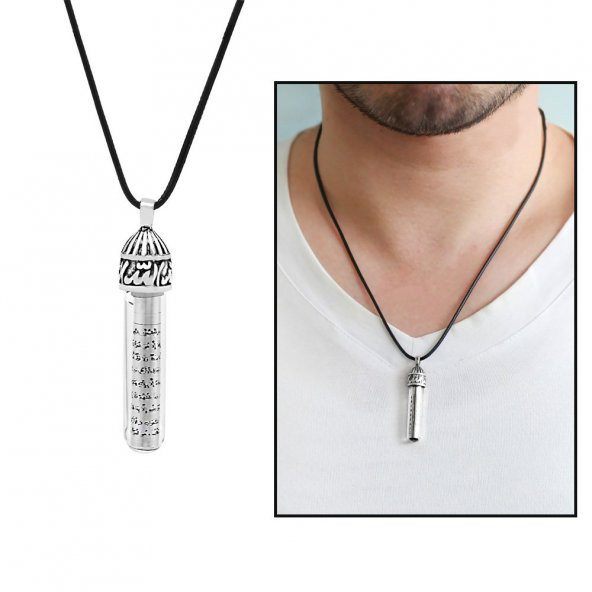 Zemzem İle Doldurulmuş Arapça "Allah" Yazılı İp Zincirli 925 Ayar Gümüş Kadın Cevşen Kolye - 2