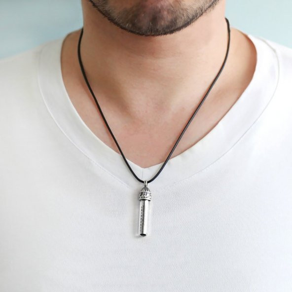 Zemzem İle Doldurulmuş Arapça "Allah" Yazılı İp Zincirli 925 Ayar Gümüş Kadın Cevşen Kolye - 3