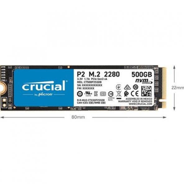 Crucial P2 500GB 2300-940MB/s NVMe PCI-e M2 SSD CT500P2SSD8 - 3