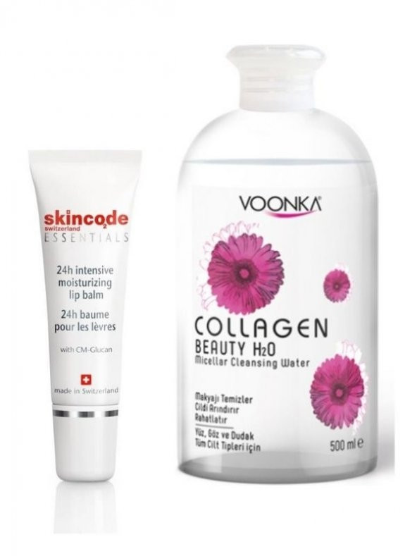 Skincode 24h Intensive Dudak Balmı 10 ml+Voonka Collagen Micellar Temizleme Suyu 500ml