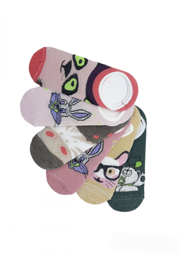 6 Çift Kadın Sevimli Pamuklu Karakter Desenli Görünmez Babet Çoraplar Seti  36-40 Numara  BT-0538 - 2