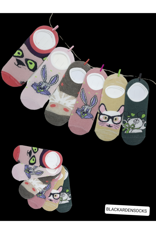 6 Çift Kadın Sevimli Pamuklu Karakter Desenli Görünmez Babet Çoraplar Seti  36-40 Numara  BT-0538 - 3