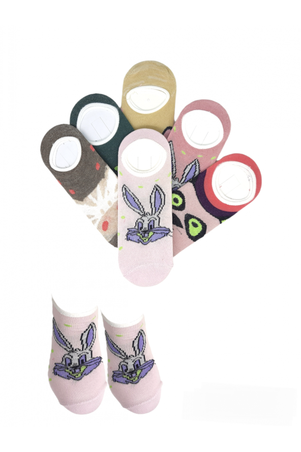 6 Çift Kadın Sevimli Pamuklu Karakter Desenli Görünmez Babet Çoraplar Seti  36-40 Numara  BT-0538 - 4
