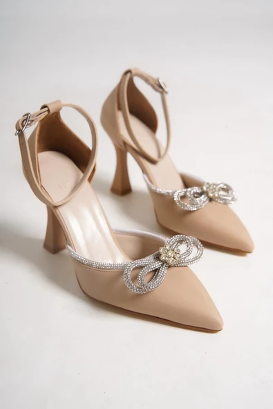 Ten Rengi Saten Fiyonk Taşlı Stiletto Kadeh Topuklu Ayakkabı - Darley - 4