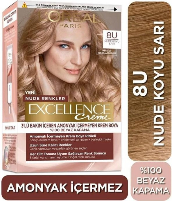 Loreal Excellence Nude Renkler Saç Boyası 8u Nude Koyu Sarı