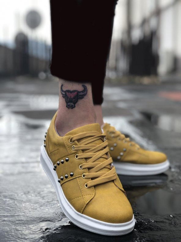 BA0093 Bağcıklı Sarı Beyaz Kalın Taban Troklu Erkek Spor Ayakkabı - 3