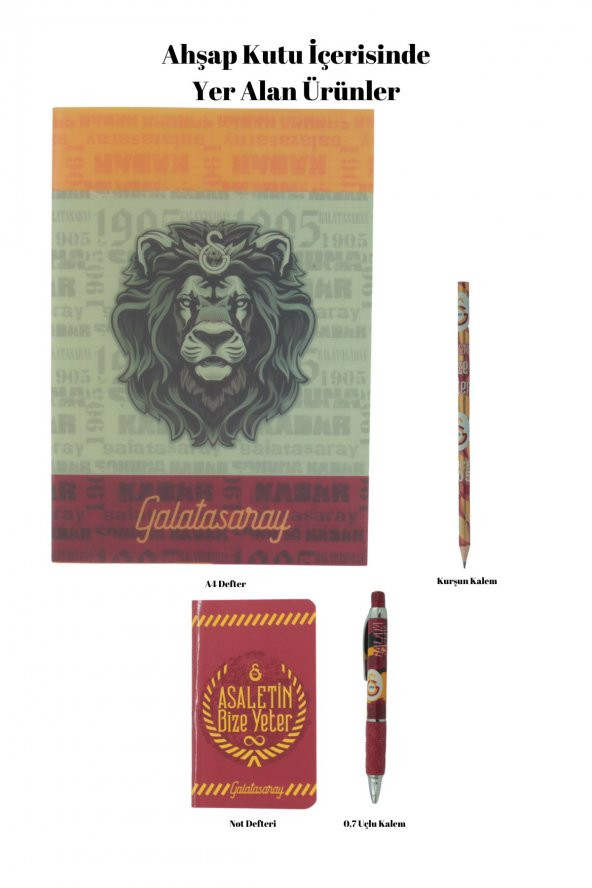 Galatasaray Orijinal Defter Kalem Kırtasiye Ahşap Kutulu 5li Taraftar Hediye Set - 4
