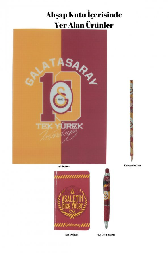 Galatasaray Orijinal Defter Kalem Kırtasiye Ahşap Kutulu 5li Taraftar Hediye Set - 4
