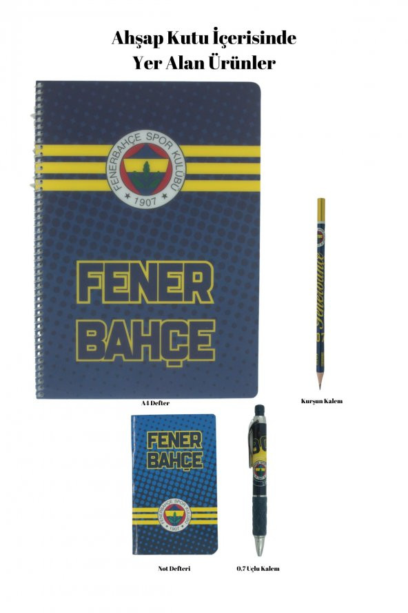Fenerbahçe Orijinal Defter Kalem Kırtasiye Ahşap Kutulu 5li Taraftar Hediye Set - 4