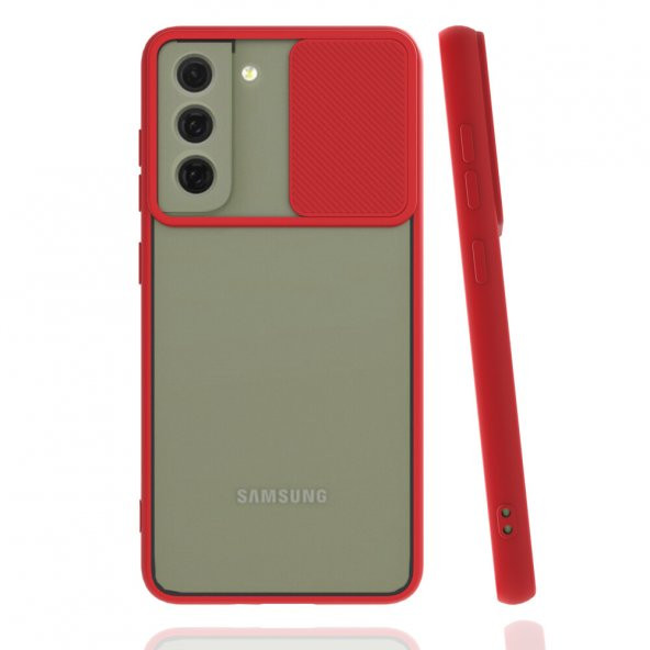 KNY Samsung Galaxy S22 Plus Kılıf Renkli Kenarlı Kamera Korumalı Sürgülü Lensi Kapak Kırmızı