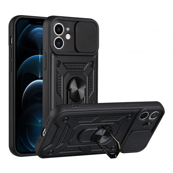 KNY Apple İphone 12 Kılıf Ultra Korumalı Yüzüklü Manyetik Sürgülü Vega Kapak Siyah