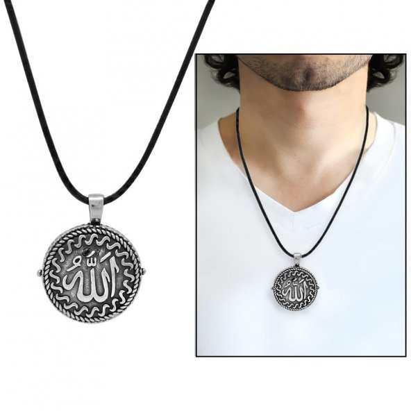 Nipora Üzerinde Arapça "Allah" İçinde Ayetel Kürsi Yazılı 925 Ayar Gümüş Dua Kolye - 2