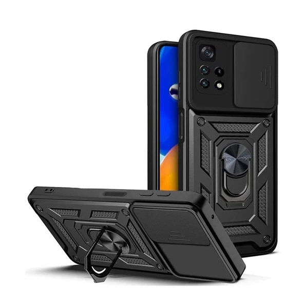 Gpack Xiaomi Poco M4 Pro 5G Kılıf Sert Silikon Tank Aramid Sürgülü Vega Yüzüklü