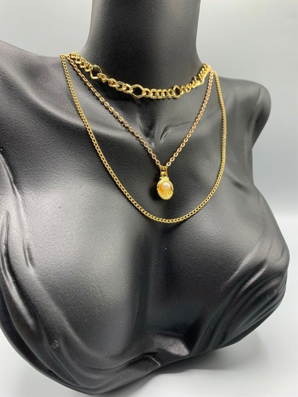 Bujiteri Dükkanı Gold Renk Üçlü Zincir İstiridye İnci Model Kolye
