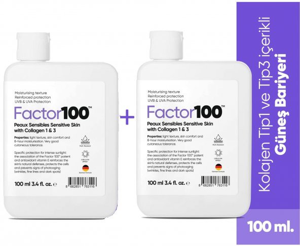 Factor100 Güneş Kremi SPF50+ 100 ml 2 Adet