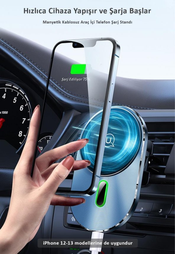 Usams US-CD170 15W 2in1 TypeC Magsefe, iPhone Manyetik Kablosuz Şarj ve Araç içi Telefon Tutucu - 5