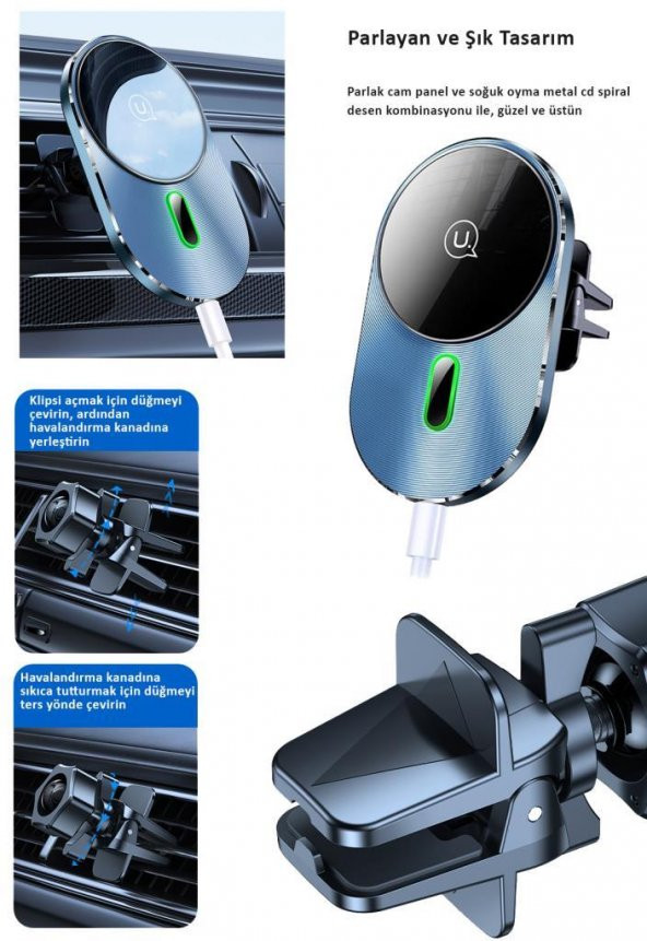 Usams US-CD170 15W 2in1 TypeC Magsefe, iPhone Manyetik Kablosuz Şarj ve Araç içi Telefon Tutucu - 6