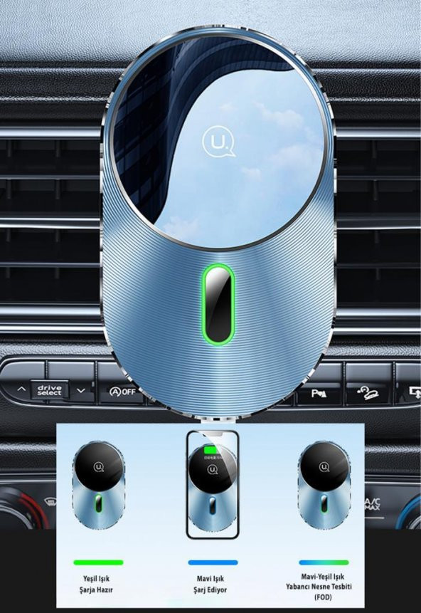 Usams US-CD170 15W 2in1 TypeC Magsefe, iPhone Manyetik Kablosuz Şarj ve Araç içi Telefon Tutucu - 7
